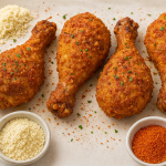 Four crispy baked chili-lime chicken legs coated in a golden pork-rind and almond-flour crust, arranged on parchment paper with bowls of almond flour and chili-lime seasoning.