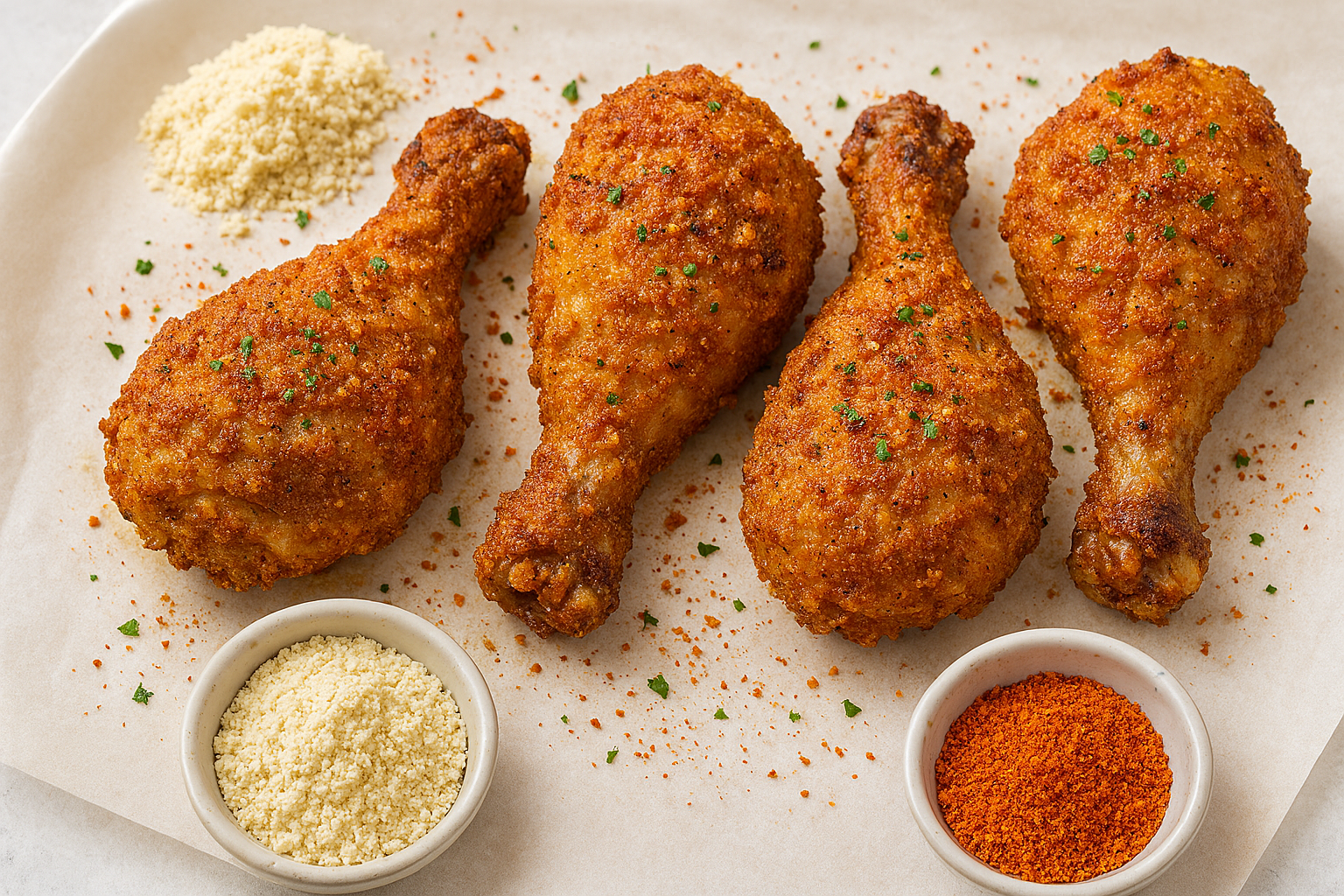 Baked Chili‑Lime Chicken Legs with Pork‑Rind Crust
