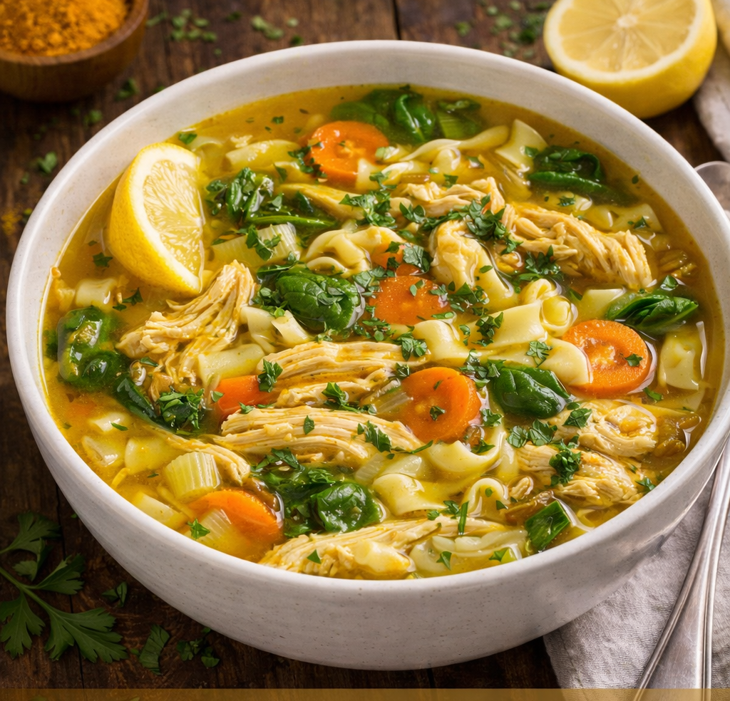 Golden Chicken Noodle Soup with Turmeric and Ginger