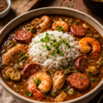 A bowl of New Orleans–style gumbo filled with chicken, andouille sausage and vegetables, served over white rice with chopped green onions on top