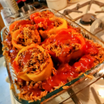 Diabetic-friendly stuffed bell peppers filled with lean ground beef, brown rice, and herbs, baked to perfection.